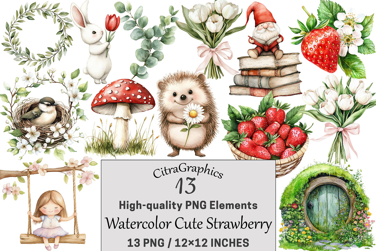 Watercolor Cute Strawberry Clipart, a Seasonal Illustration by CitraGraphics (Photo 1 of 3)
