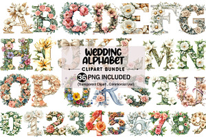Watercolor Wedding Alphabet Clipart, an Illustration by Pixels.Craft
