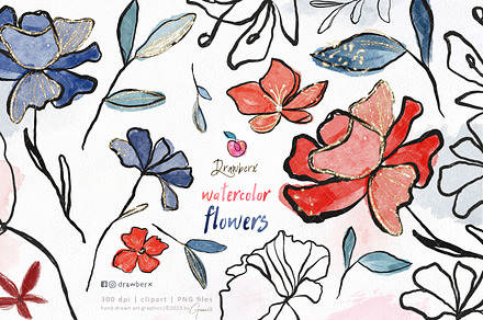 red,blue sketchy floral 4th-July 138, an Illustration by Drawberx