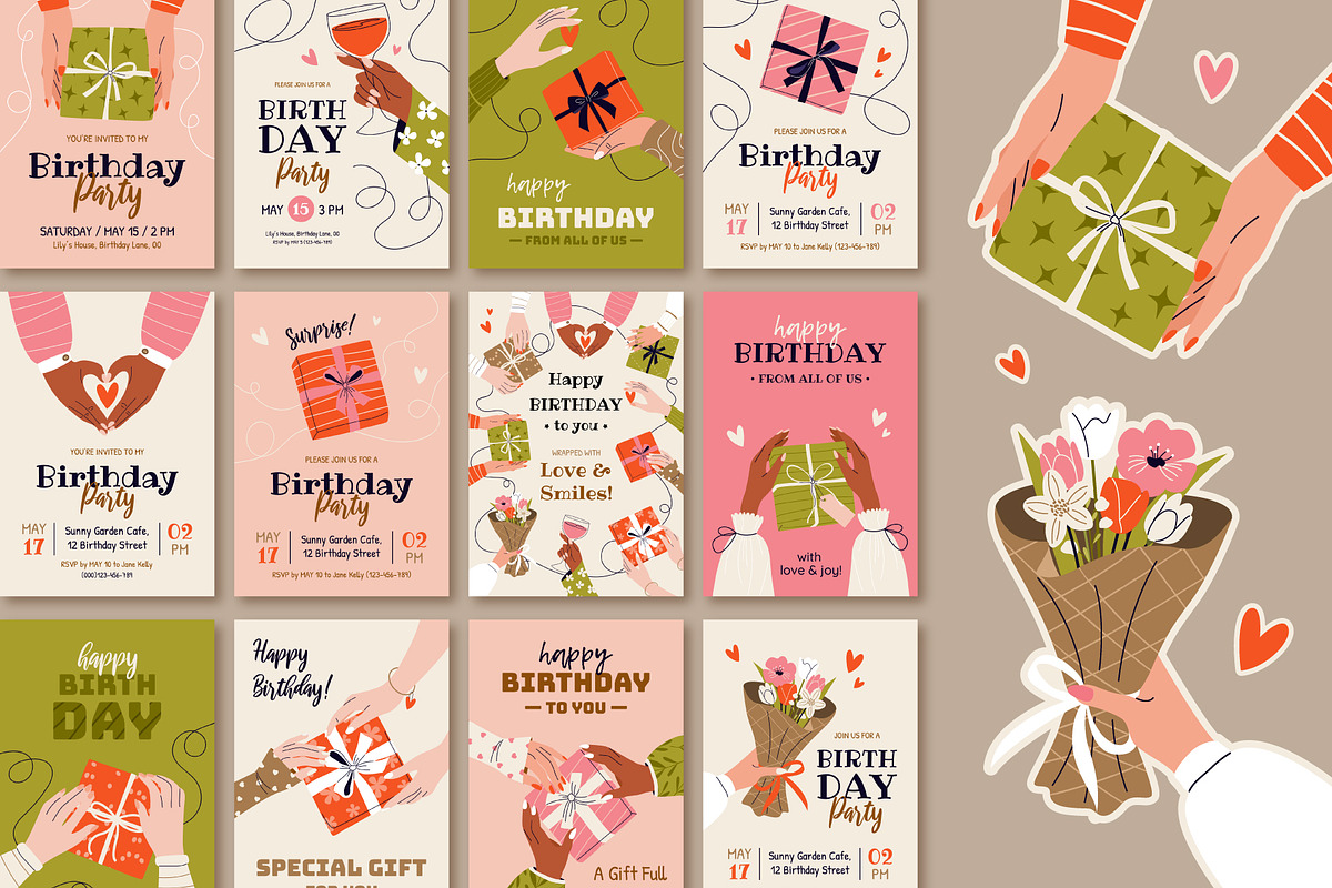 12 Birthday Greeting Cards, a Person Illustration by IuliiaSavko (Photo 8 of 8)