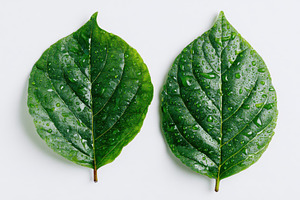 Dewdrops on Two Green Leaves Nature, a Photo by Pixeness Studio