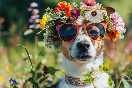 Fashion-Forward Pooch Poses with Floral Flair and Shades - Generative AI, an Animal Photo by José Manuel Gelpi