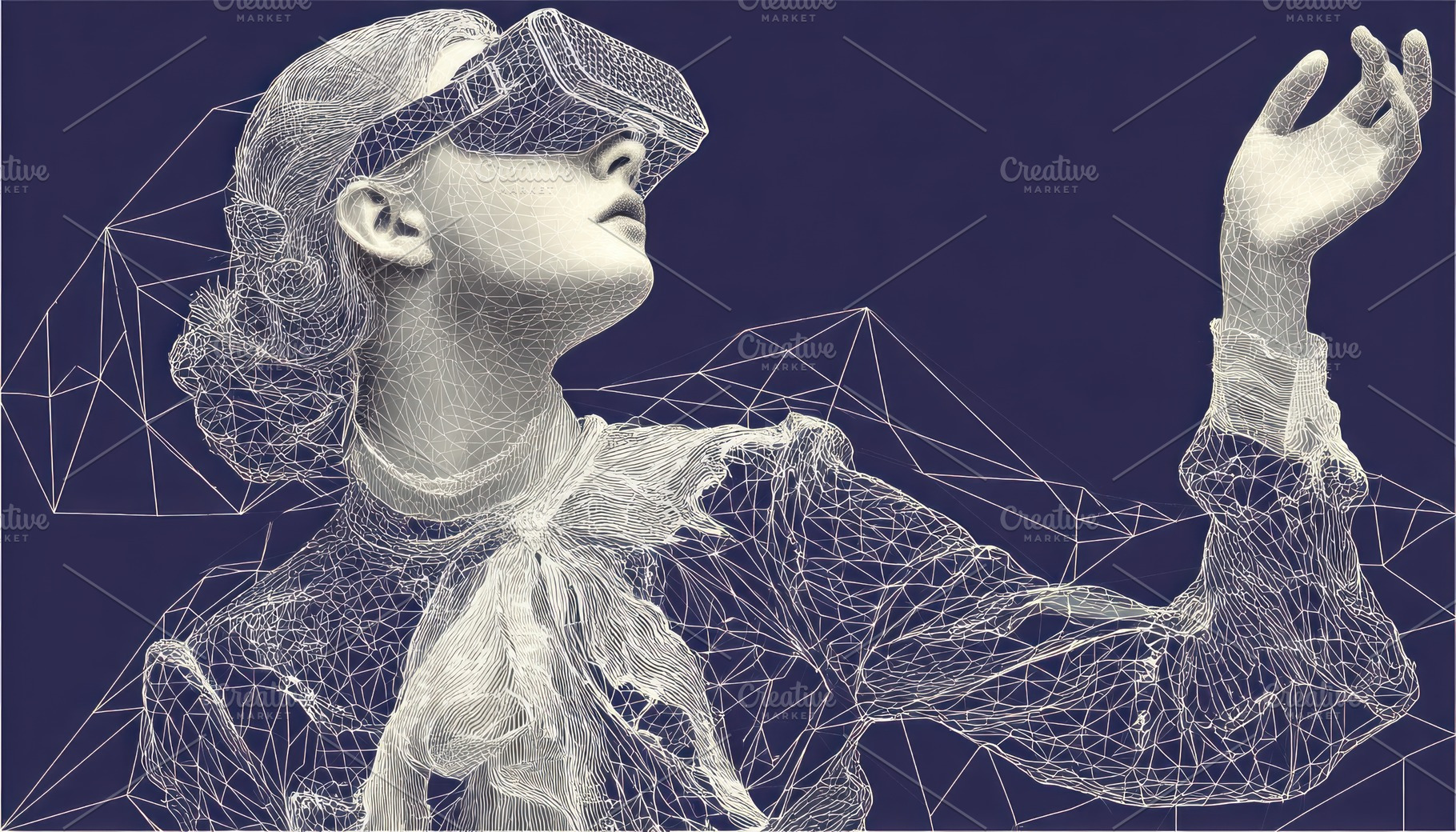 Victorian-style woman in digital wireframe wearing VR headset an, an Abstract Photo by José Manuel Gelpi