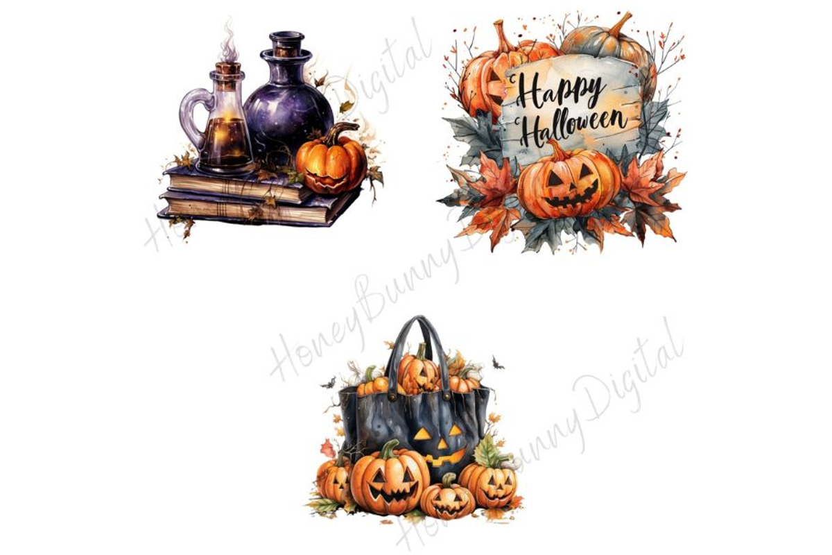Watercolor Halloween Clipart, a Decorative Illustration by HoneyBunnyDigital (Photo 7 of 7)