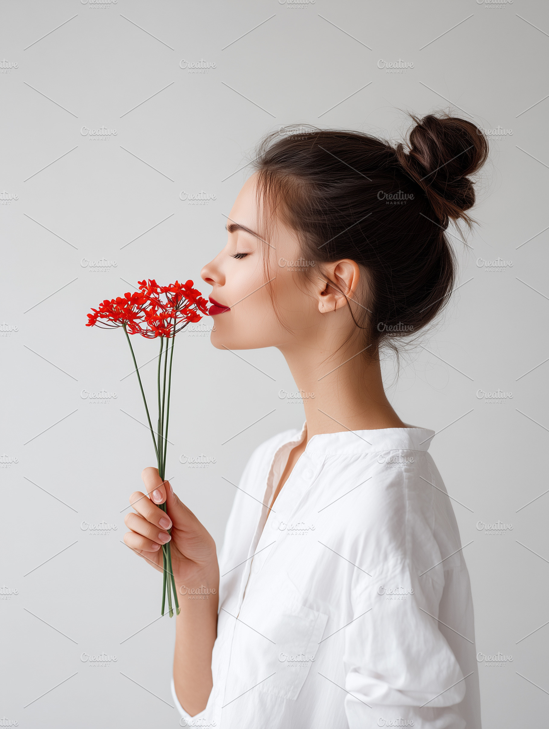 Young woman in white shirt smelling, a Person Photo by MistyDay