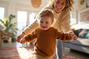 Young mother supports toddler with first steps in cozy living room during sunny, a Person Photo by AlyaAnd