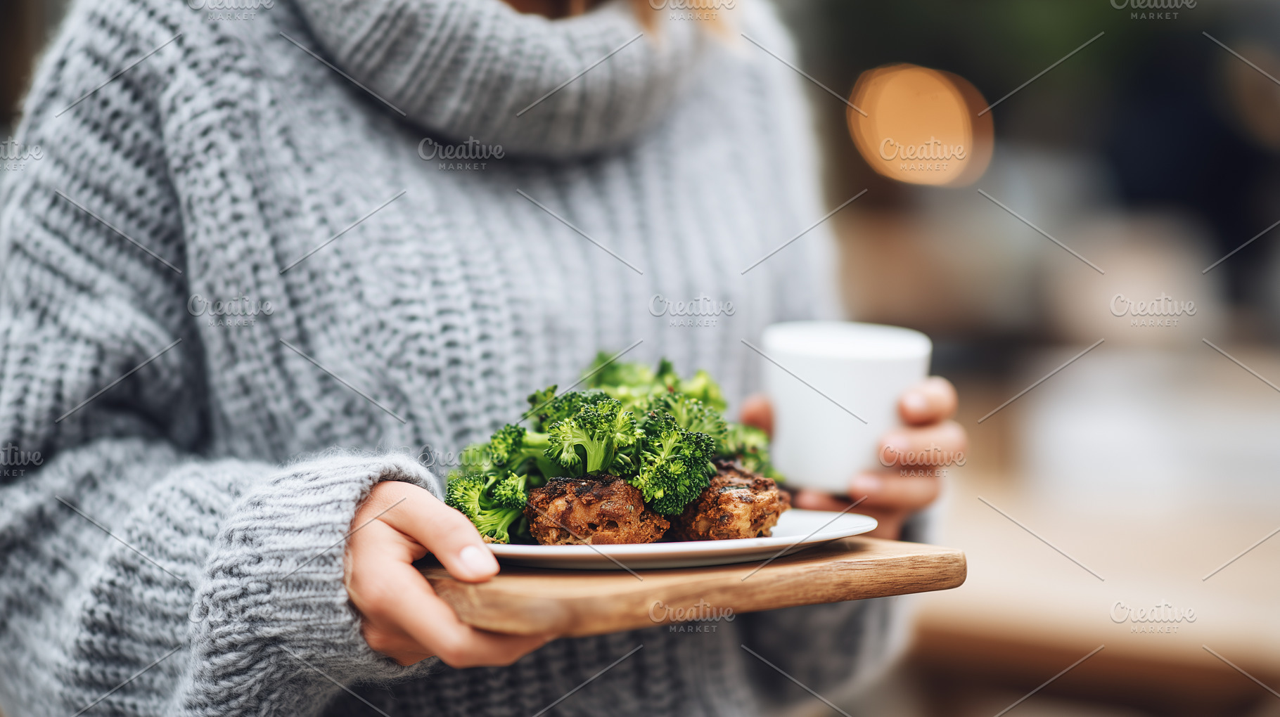 Woman in warm sweater holding plate, a Food & Drink Photo by MistyDay
