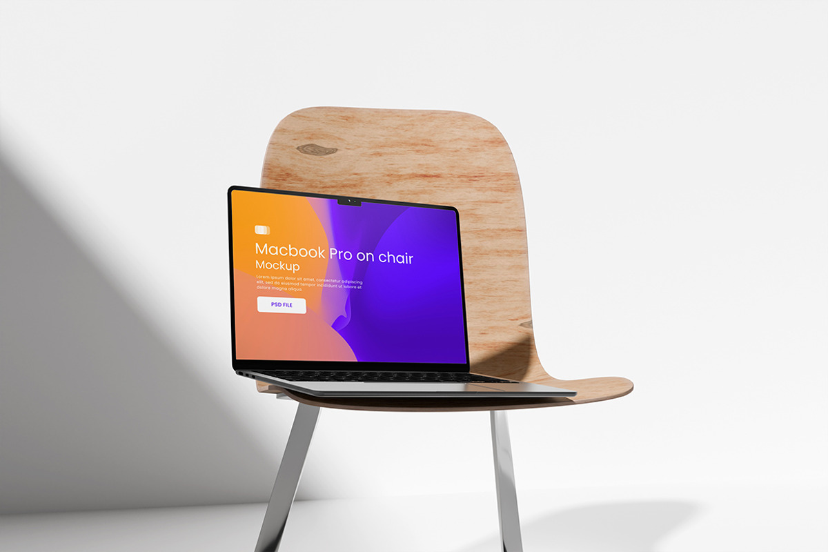 Macbook Pro on Chair Mockup, a Wearable Device Mockup by swsi-studio (Photo 2 of 5)