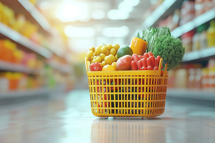 Shopping basket full of different grocery products on the floor, a Food & Drink Photo by AlyaAnd