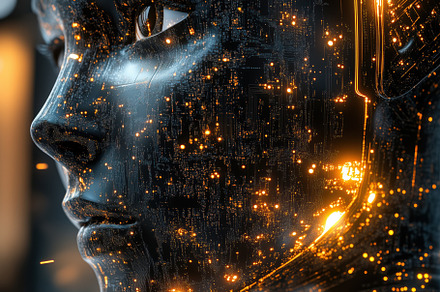 A close-up of a futuristic robotic face with glowing circuitry and lights, show, a Person Photo by Textures & Backgrounds