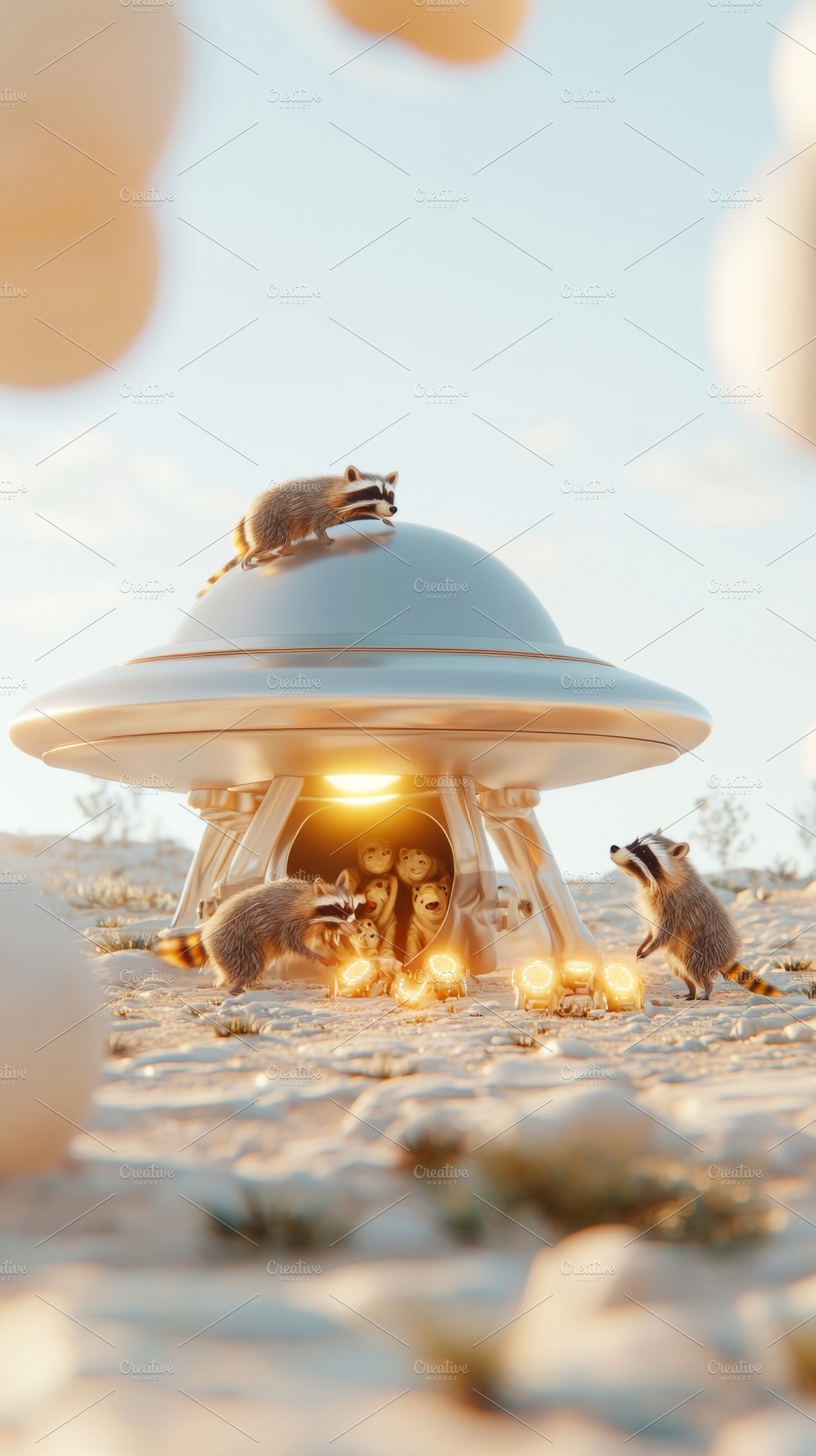 Raccoons explore futuristic UFO in d, a Photo by Dvoevnore photos
