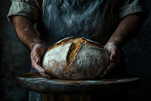 Baker shows freshly baked loaf on wooden table covered in white flour, a Food & Drink Photo by AlyaAnd