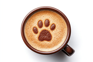 Cup of cappuccino with drawn cat paw on white background, flat lay, a Food & Drink Photo by AlyaAnd