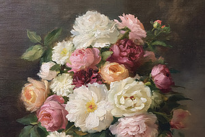 Peonies and roses bouquet in clear glass vase, colorful floral s, an Illustration by Studio ANNA