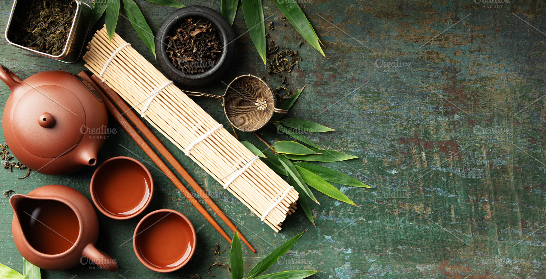 Japanese Tea Ceremony Elements with Teaware and Bamboo Mat on Ru, a Food & Drink Photo by Natalia Klenova's Shop