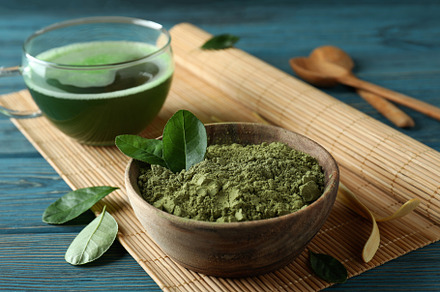 Concept of japanese tea with matcha on blue wooden table, a Food & Drink Photo by AtlasStudio PRO