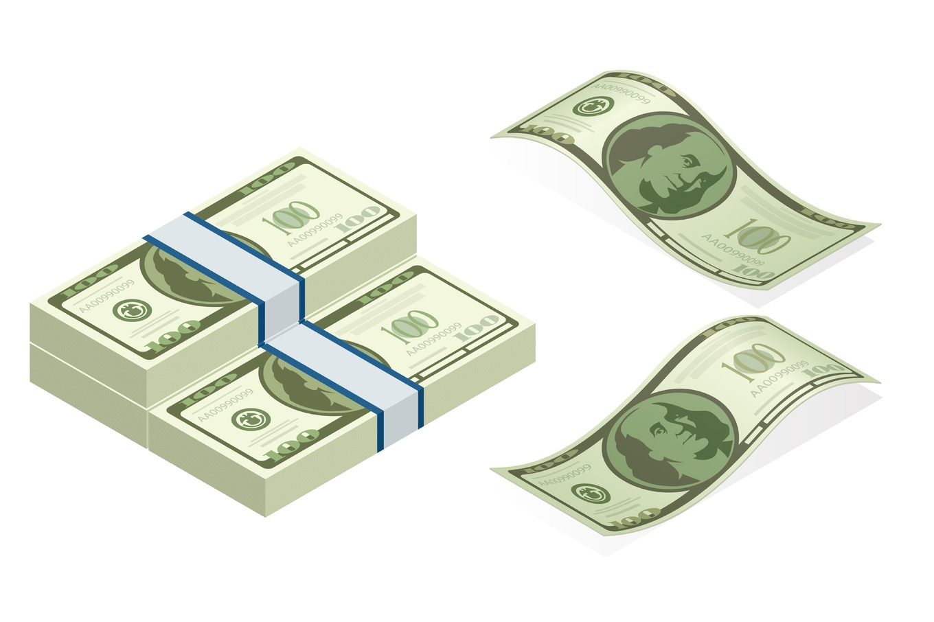 Isometric vector packages of banknotes. Hundreds of american dollars ...
