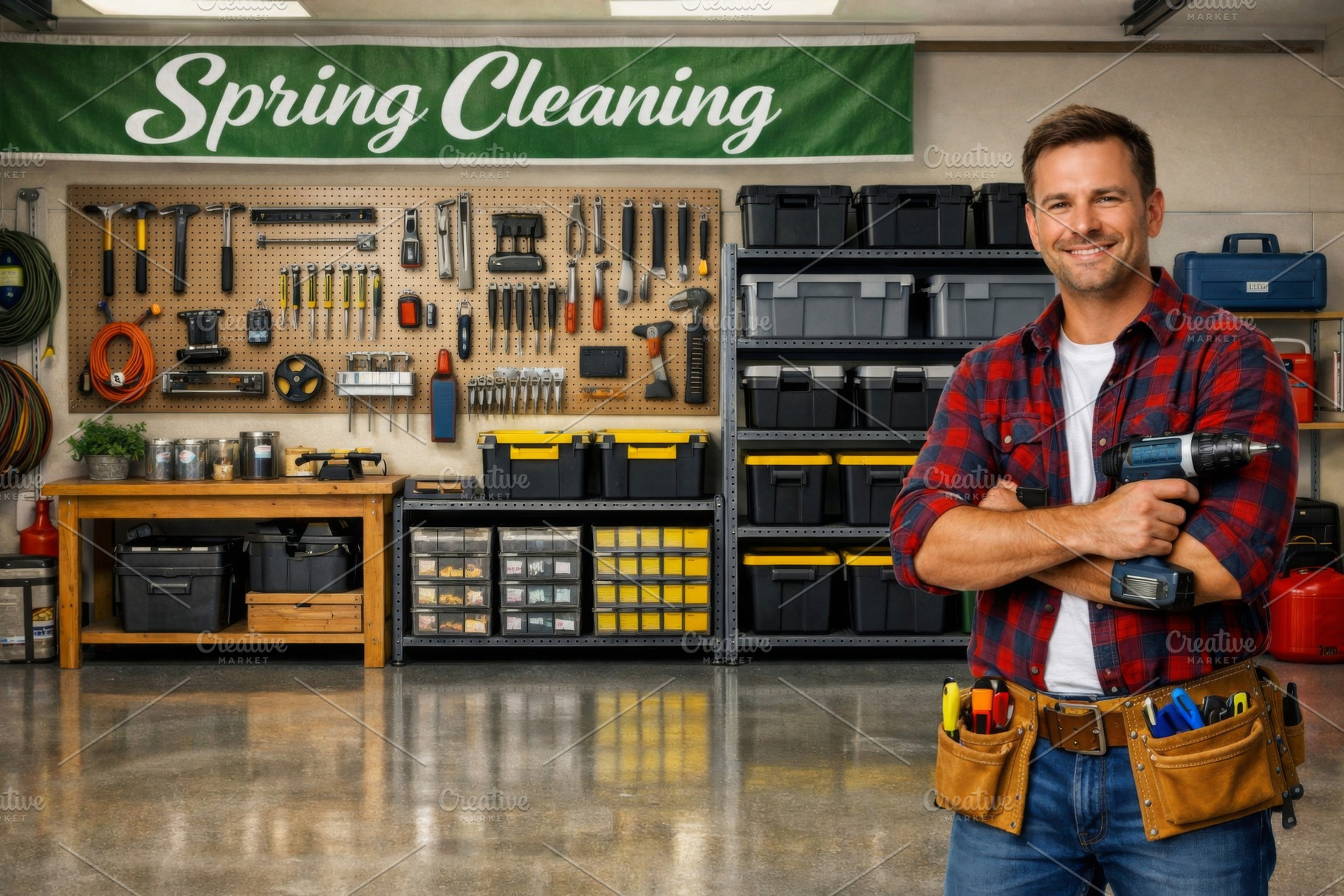 Man in workshop with tools and stora, a Photo by Dvoevnore photos