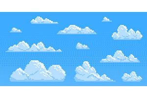 Pixel clouds set for game background, an Illustration by art PVP - market