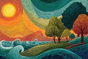 Colorful landscape with waves, sun,, a Photo by Pavel_design