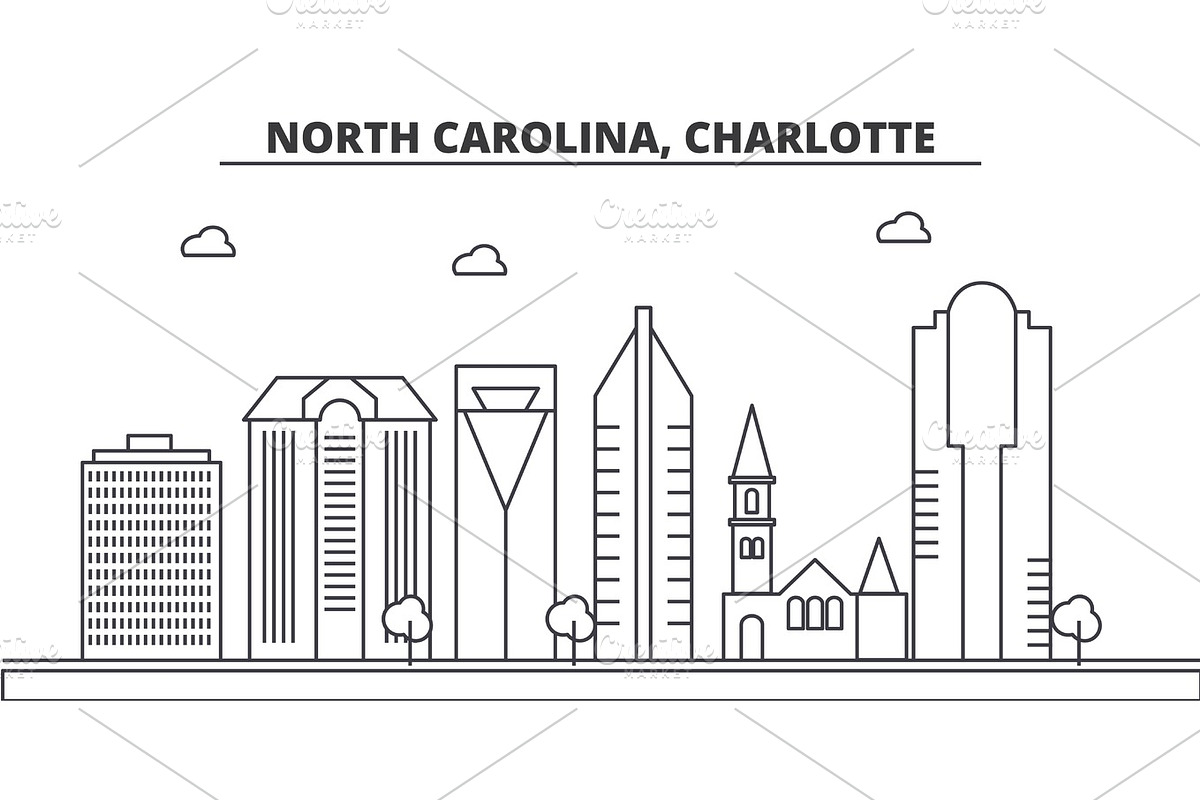 North Carolina, Charlotte architecture line skyline illustration. Linear vector cityscape with famous landmarks, city sights, design icons. Landscape wtih editable strokes, a Work Illustration by urban icon