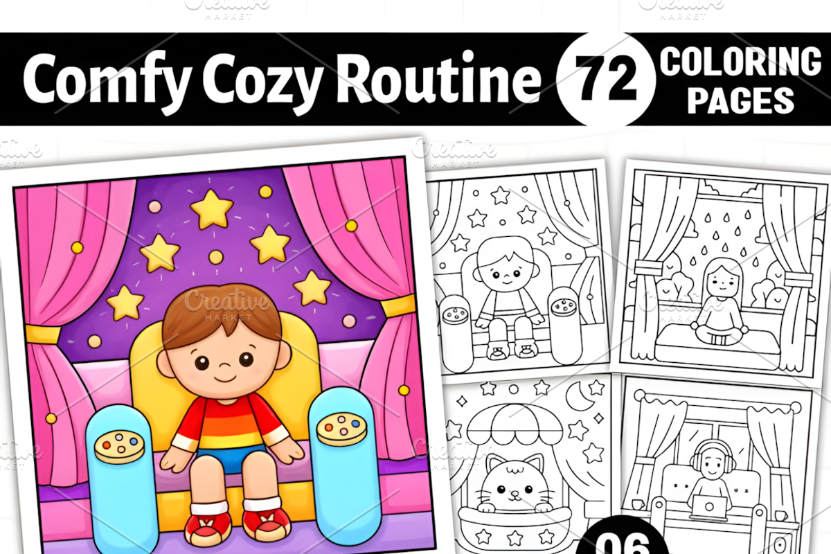 Comfy Cozy Routine Coloring Pages, a Decorative Illustration by Ink Gallery (Photo 1 of 9)