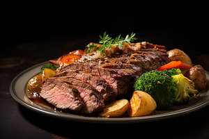 BBQ meat with vegetables on wooden table, a Food & Drink Photo by AlyaAnd