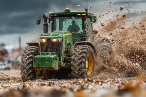 Green tractor plowing muddy field under stormy sky creating dynamic motion, a Photo by AS photostudio