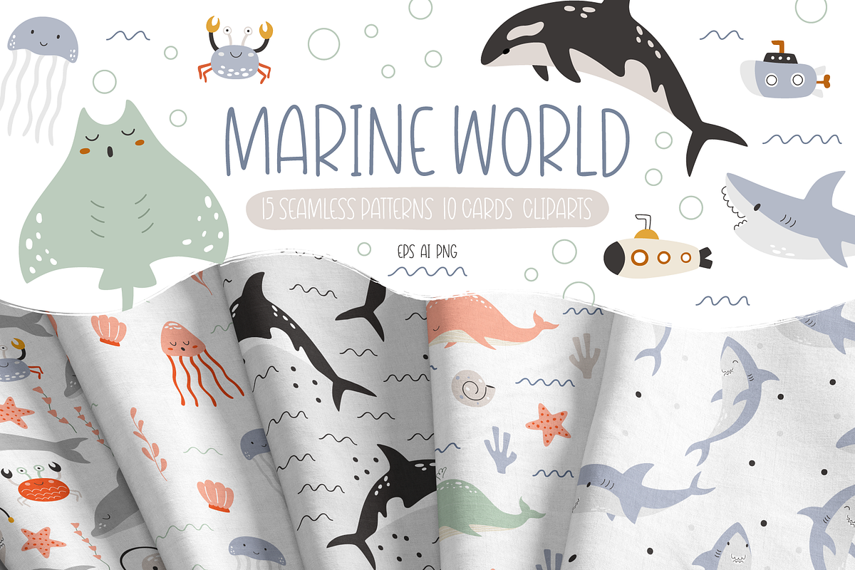 Marine World – cute sea animals, an Animal Illustration by ValeriiaFeeva (Photo 1 of 12)