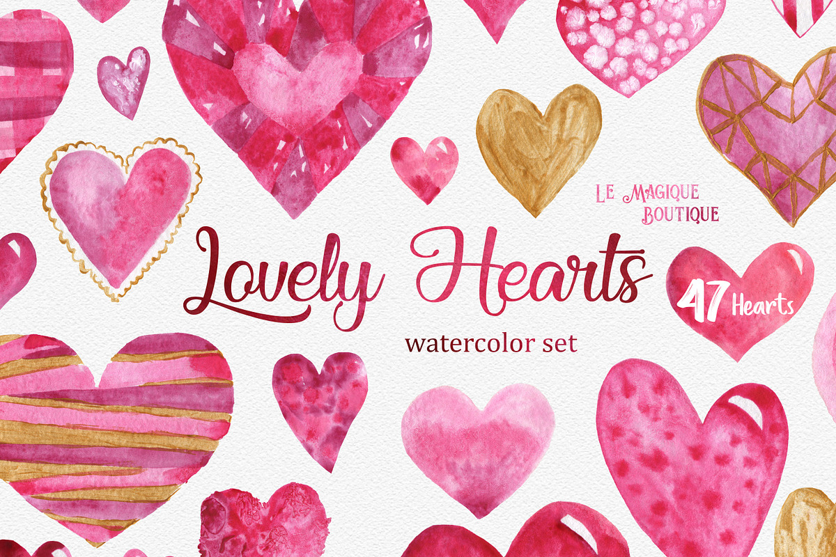Lovely Hearts Watercolor Clipart, a Decorative Illustration by LeMagiqueBoutique (Photo 1 of 6)