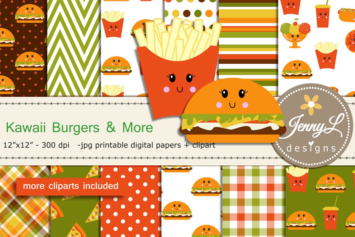 Kawaii Burgers Digital Papers, a Pattern Graphic by JennyL Designs (Photo 1 of 6)