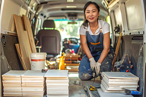 Tile mason organizing materials and tools in the van, a Person Photo by DanFLCreativo