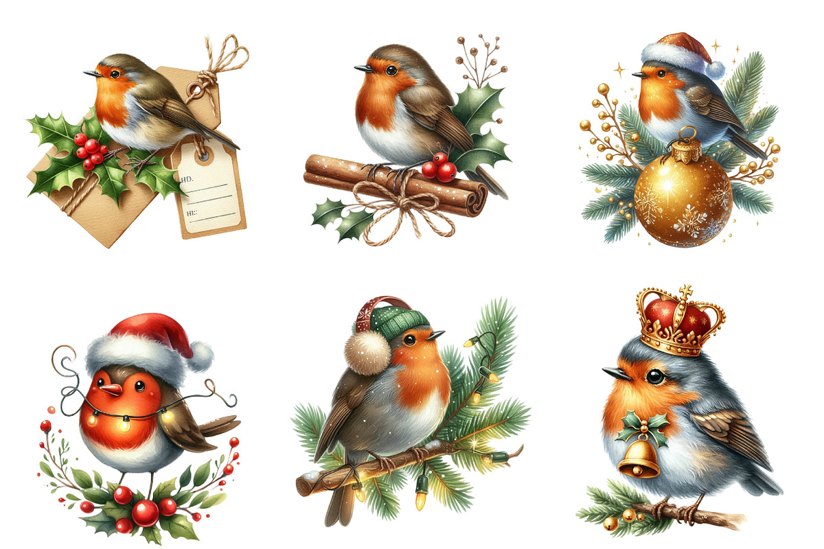 Watercolor Christmas Robin Clipart, an Illustration by SinaCreation (Photo 4 of 7)