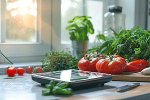 Modern kitchen scales with fresh vegetables, a Food & Drink Photo by AlyaAnd