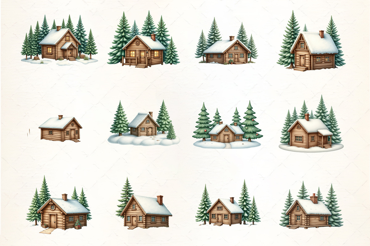 Winter Cabin with Pine Trees Clipart, an Illustration by CrexoraLab (Photo 2 of 5)
