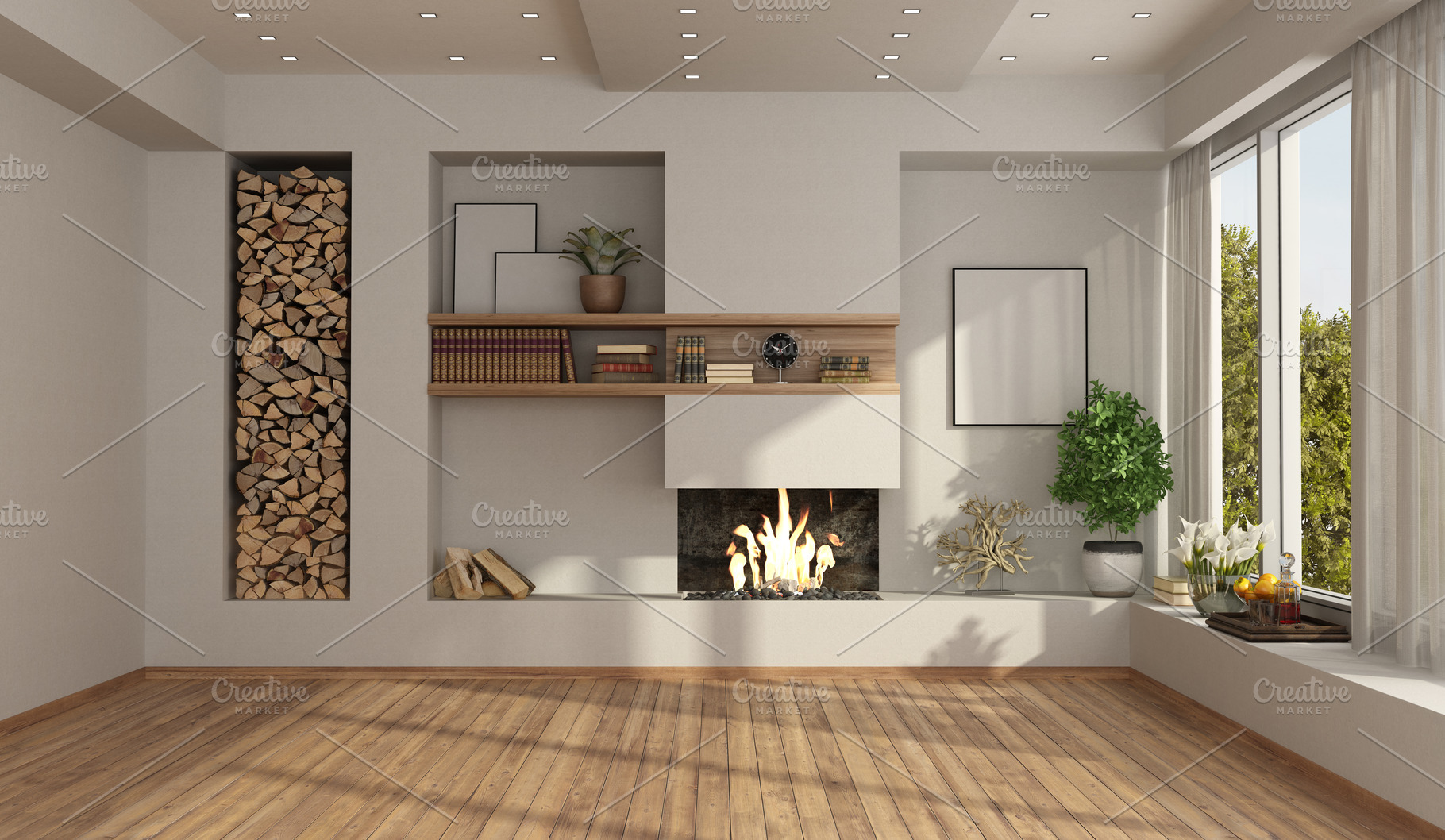 White empty room with fireplace, an Architecture Photo by Archideaphoto, image size:1820x1058