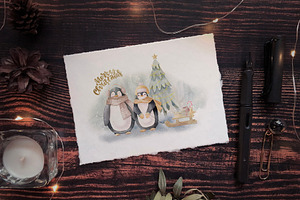 Winter Penguins - Watercolor Clipart