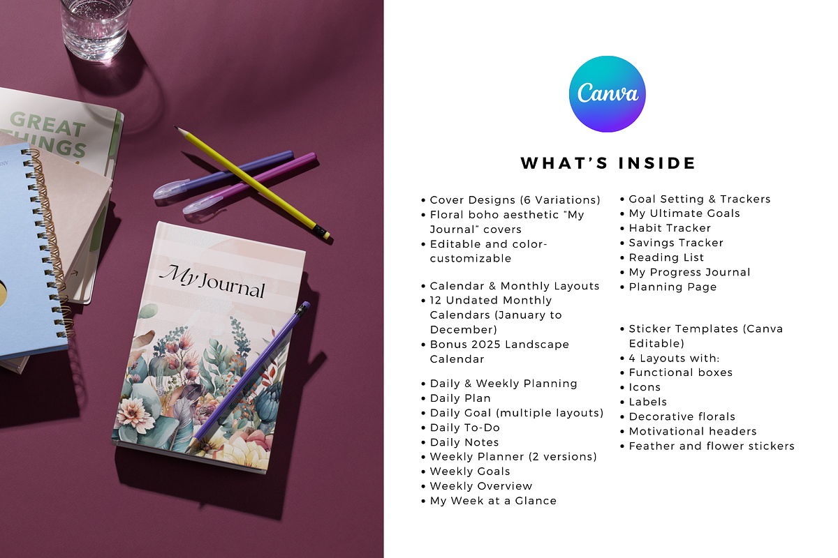 Undated Journal Planner Canva, a Stationery Template by The Blog Creative (Photo 2 of 10)