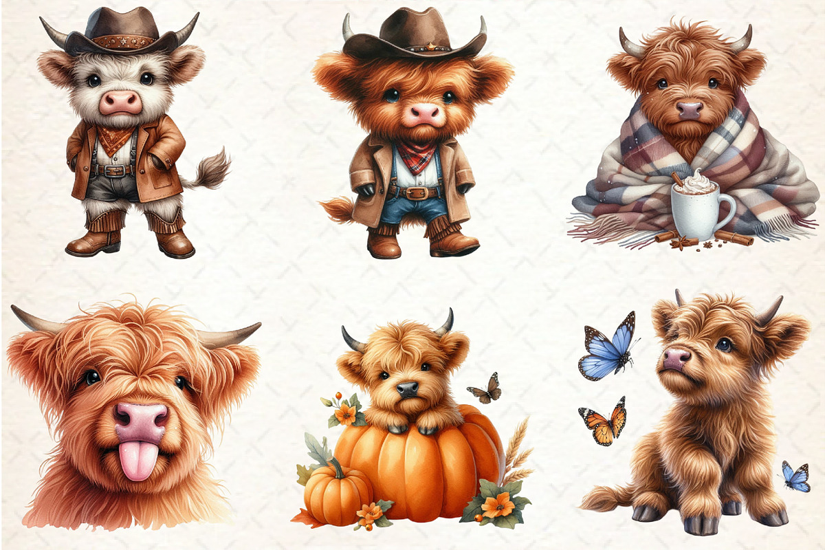 Adorable Cute Highland Cow Clipart, a Seasonal Illustration by Rose Art (Photo 3 of 4)