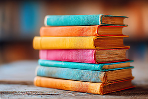 Colorful stack of antique books on a rustic wooden table at a cozy library, a Photo by AlyaAnd