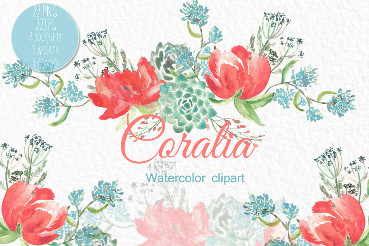 Coral Peonies.watercolor clipart, an Illustration by LABFcreations (Photo 3 of 4)