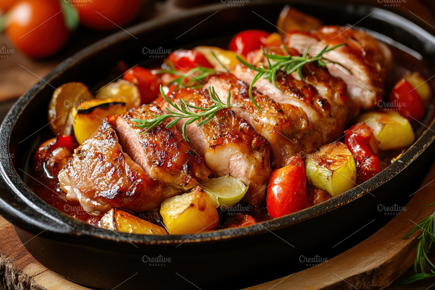Juicy roasted meat with fresh vegetables served in a rustic dish, a Food & Drink Photo by AlyaAnd