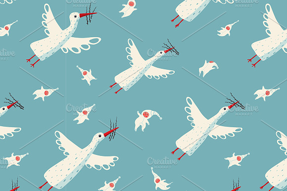 Flying Storks Seamless Pattern