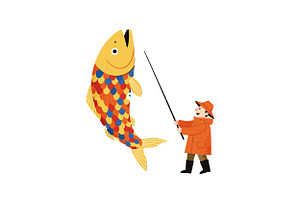 A fisherman in orange rain gear prou, an Illustration by designvectx