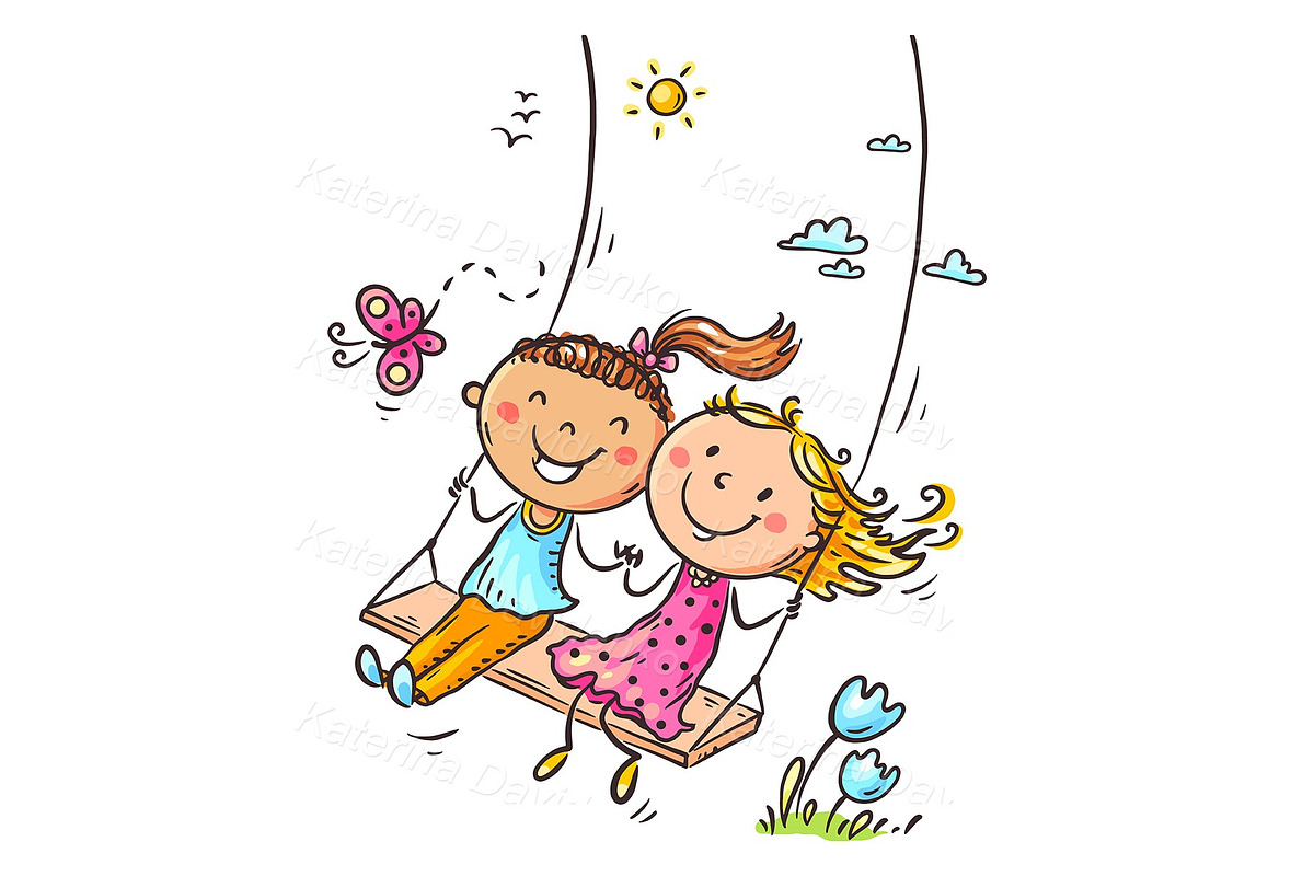 Girls on a swing. Cartoon kids, a Person Illustration by Bubert Art (Photo 2 of 3)