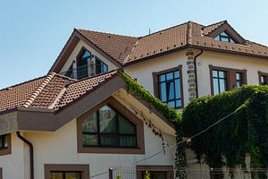 Contemporary house with brown tile roof, large windows, and lush green ivy clim, an Architecture Photo by Ales Munt