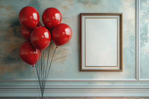 Red balloons gather near an empty pi, a Photo by Tanuart