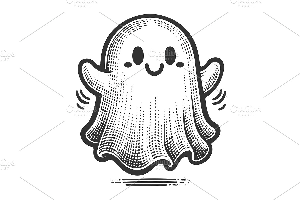 Cute happy ghost character engraving, an Illustration by AlexArt