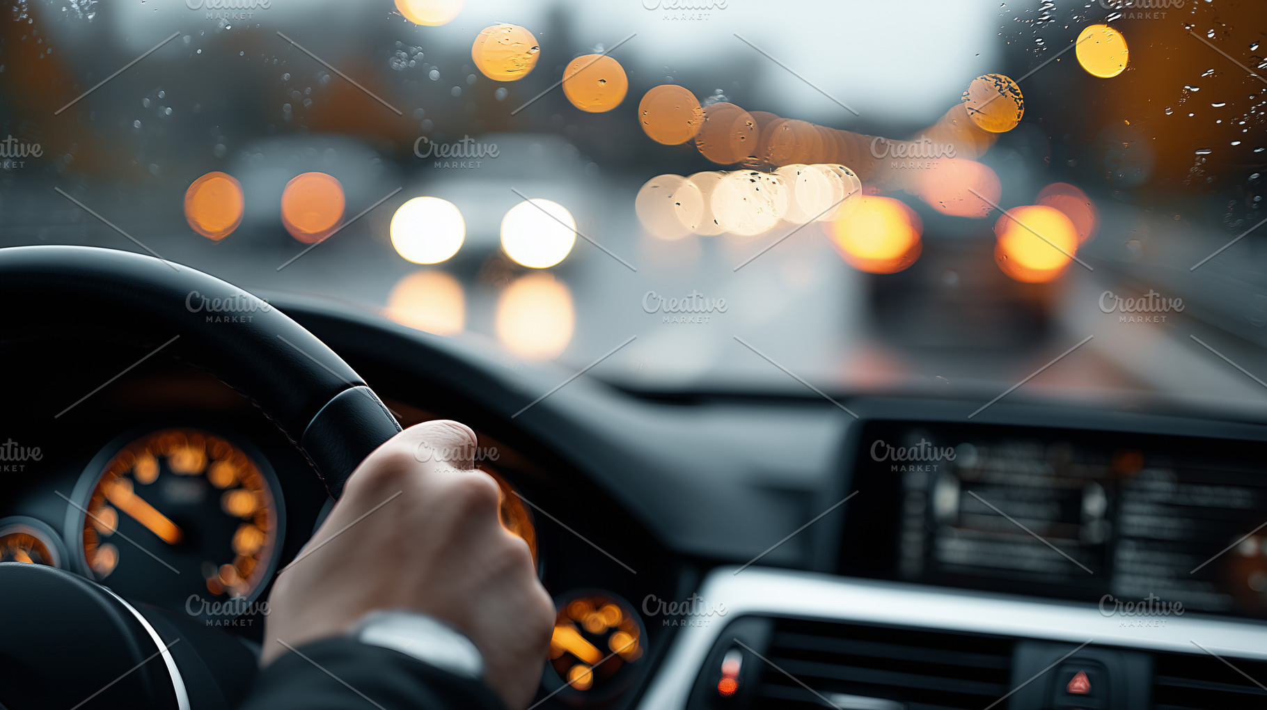 Close up on a driving a car in rainy, a Transportation Photo by MistyDay