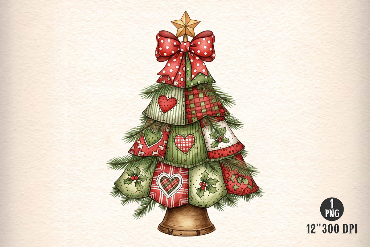 Retro Patchwork Christmas Tree Png, an Illustration by Dream Creation (Photo 1 of 5)
